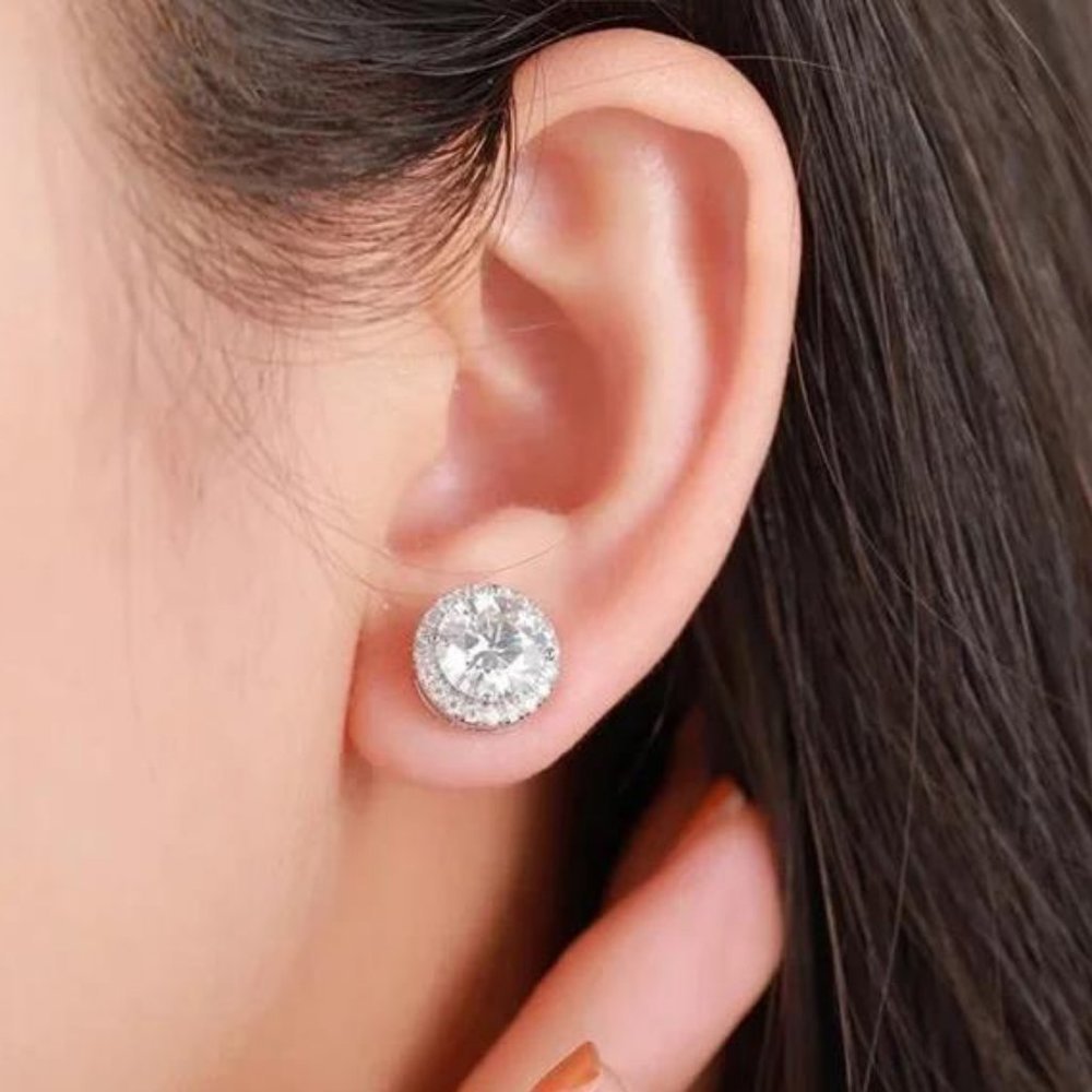 Certified 4ct. t.w. Moissanite Diamond Round Halo Stud Earrings NEW - Picture 4 of 13